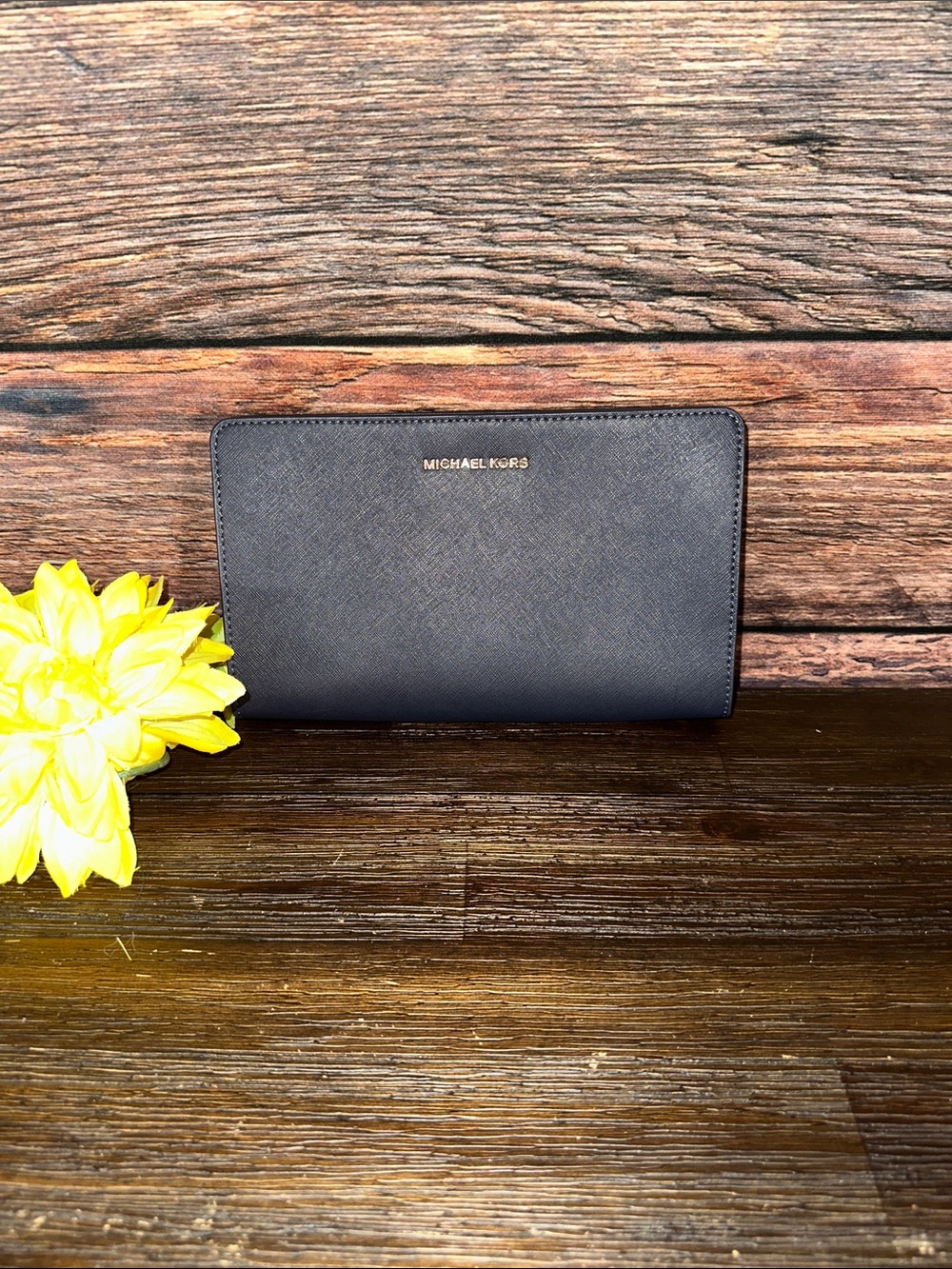 Michael Kors Navy Saffiano Zip-Around Clutch with Gold Logo